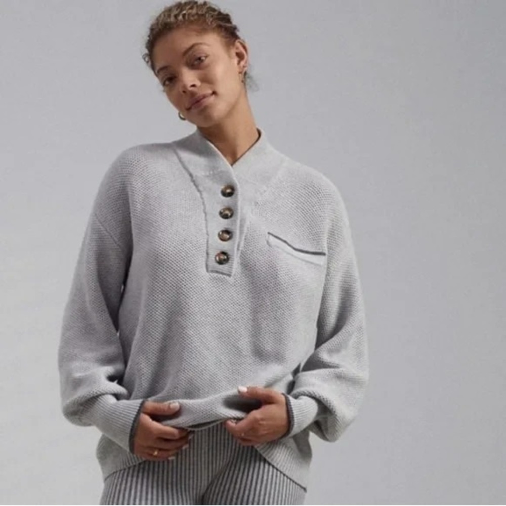 Lunya Cottonsilk Pocket Henley Knit Chunky Sweater‎ in Gray Size XS/S